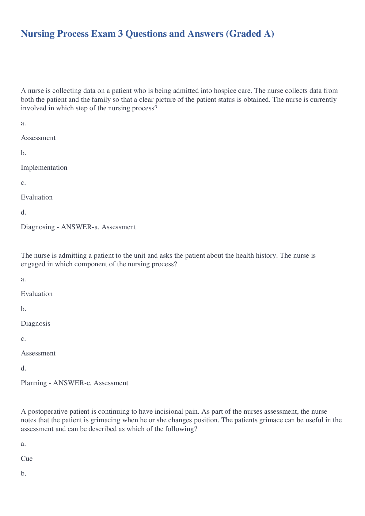 Preview image for Nursing Process Exam 3 Questions and Answers (Graded A)